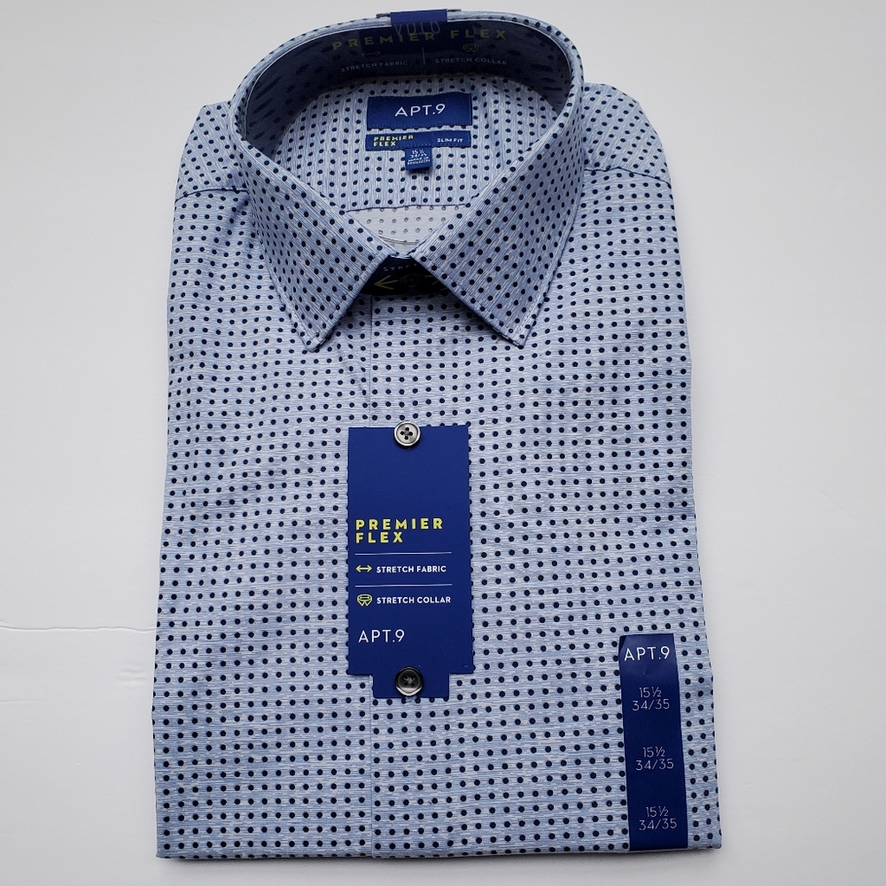 Apt.9 men's long sleeve button up blue dot premier flex dress shirt  15 1/2 NWT